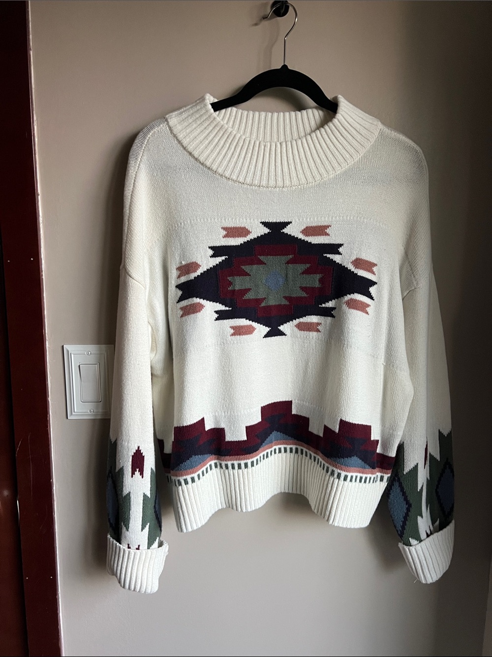 Lucky Brand White Aztec Crewneck Sweater with Multicolor Motif